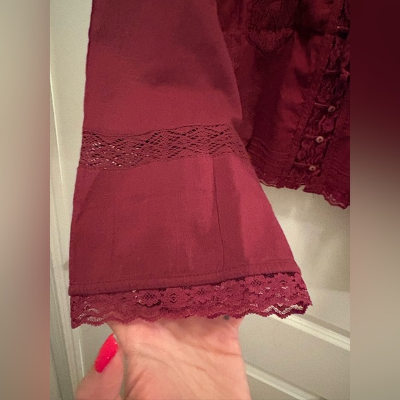 Free People Forevermore Crochet Lace Blouse Burgundy Boho Cotton Top Size L - Picture 8 of 13
